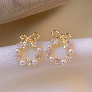 Golden Ribbon & Pearl Wreath Stud Earrings