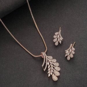 Rose Golden Feathered Leaf Crystal PandantSet