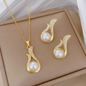 Elegant Swan-Neck Pearl & Crystal Pandant Set
