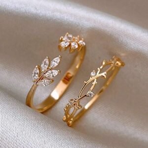 Elegant Crystal Leaf Golden Ring Set